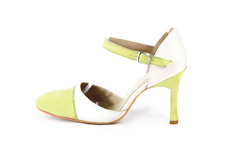 French elegance and refinement for these pistachio green and off white dress open side shoes, with an instep strap, 
                available in many subtle leather and colour combinations. Its high vamp and fitted strap will give you good support.
To personalize or not, according to your inspiration and your needs.  
                Matching clutches for parties, ceremonies and weddings.   
                You can customize these shoes to perfectly match your tastes or needs, and have a unique model.  
                Choice of leathers, colours, knots and heels. 
                Wide range of materials and shades carefully chosen.  
                Rich collection of flat, low, mid and high heels.  
                Small and large shoe sizes - Florence KOOIJMAN